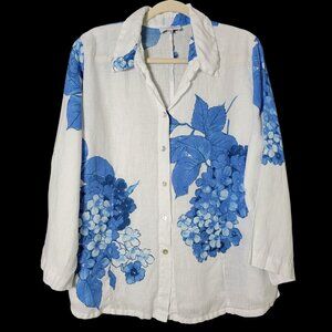 Sagimar Womens Blue White Floral Linen Beachy Vacation Button Up Top XXL
